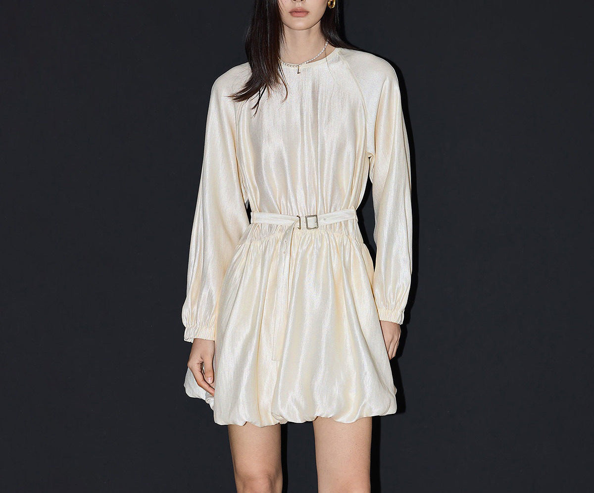 Spring new French drape temperament ragged lantern sleeves belt form puff dress dress