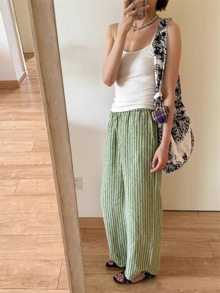Japanese design sense niche thin casual linen striped nine-point elastic wide-leg pants children's summer new