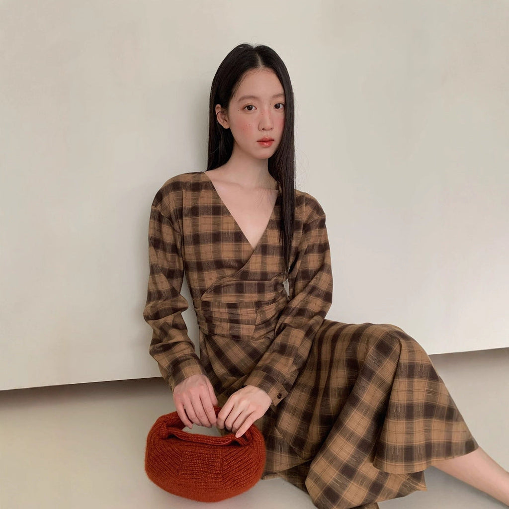 Plaid dress women's long one-piece strap high waist skirt