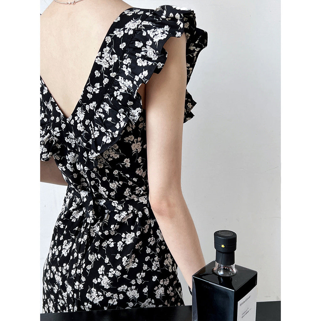 Square collar ruffle edge floral dress women's summer flying sleeves temperament Hepburn vest skirt