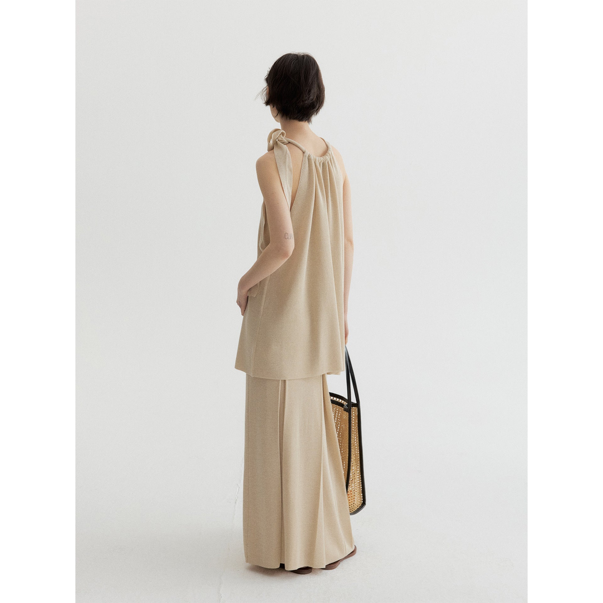 Summer commuter design sense linen shrink pleated strap neck collar strap vest
