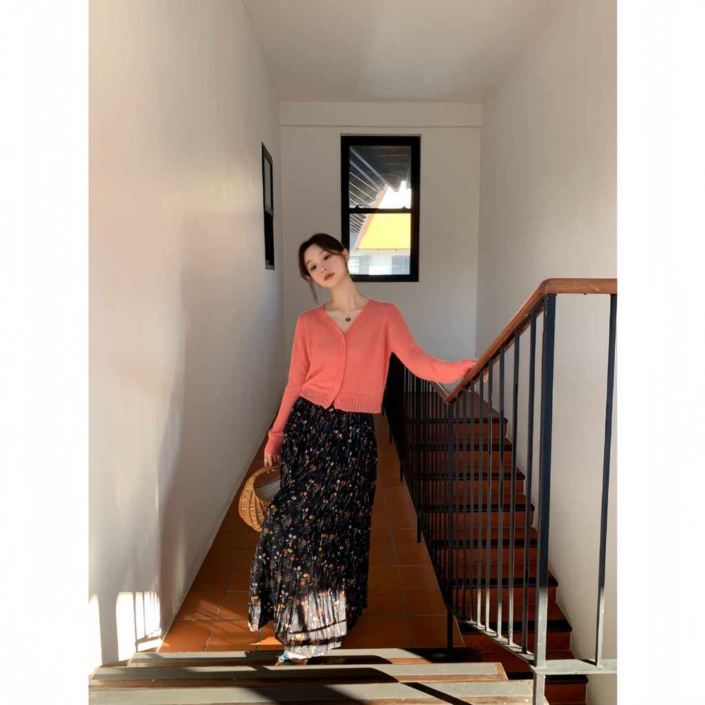 Women's High-Waist Floral Print Pleated Slim Maxi Skirt