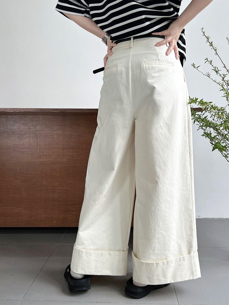 Big Pant Leg~ Washed Cotton Suit Pants Long Pants Women's Summer Skinny Meat Cover Casual Curled Wide Leg Pants
