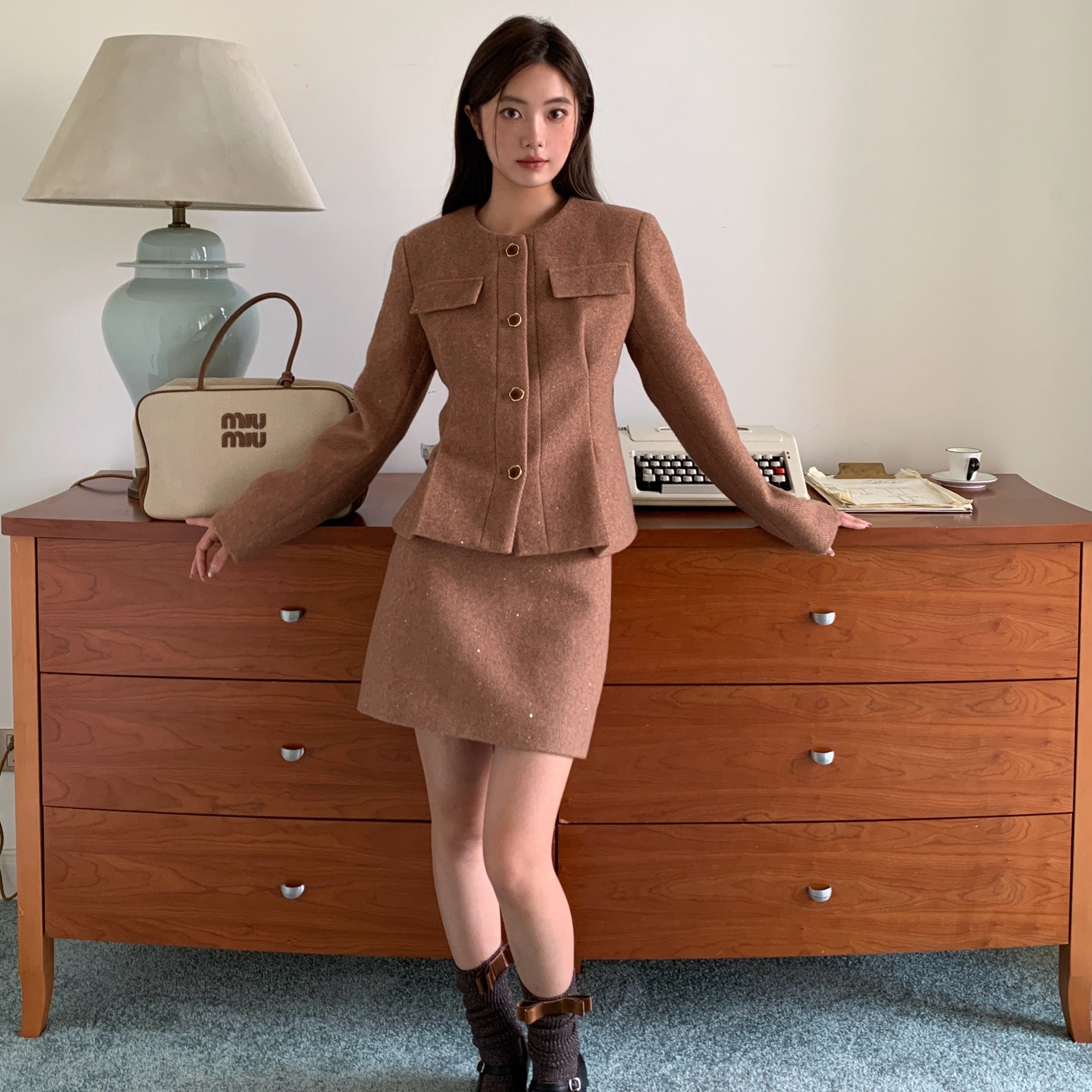 Temperament waist crew neck wool tweed jacket