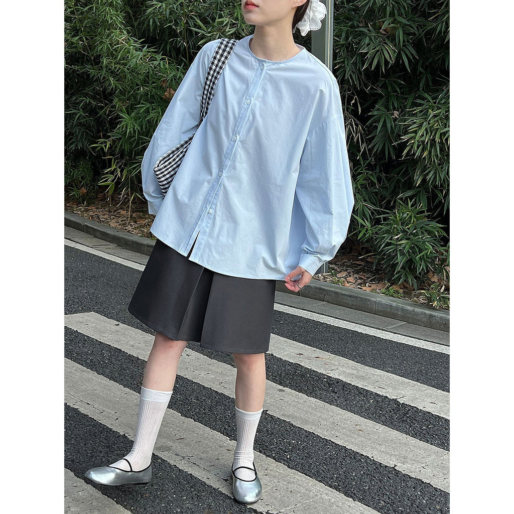 Simple Korean crew neck shirt top women's early spring stand-up collar casual versatile shirt jacket