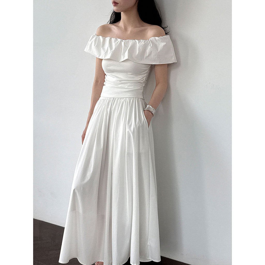 Fresh and sweet temperament ruffle leaf edge shoulder short-sleeved t-shirt women's summer new off-the-shoulder thin top