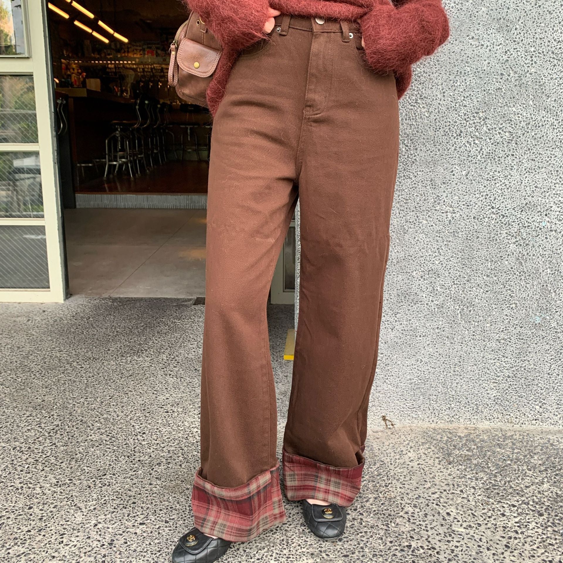 Vintage plaid paneled rolled-up versatile straight-leg jeans