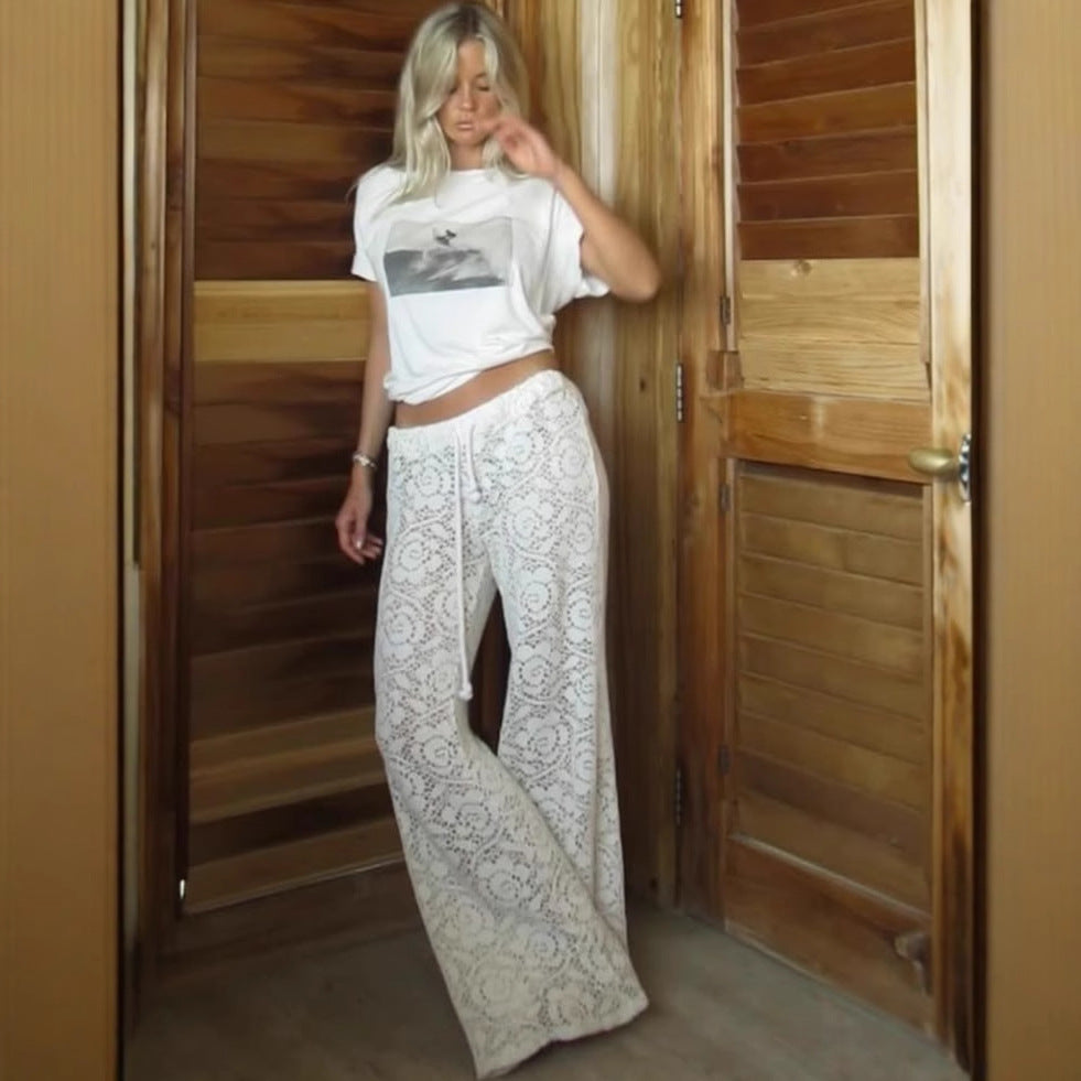 Perspective lace sexy wide-leg pants babes ins wind hollow trousers