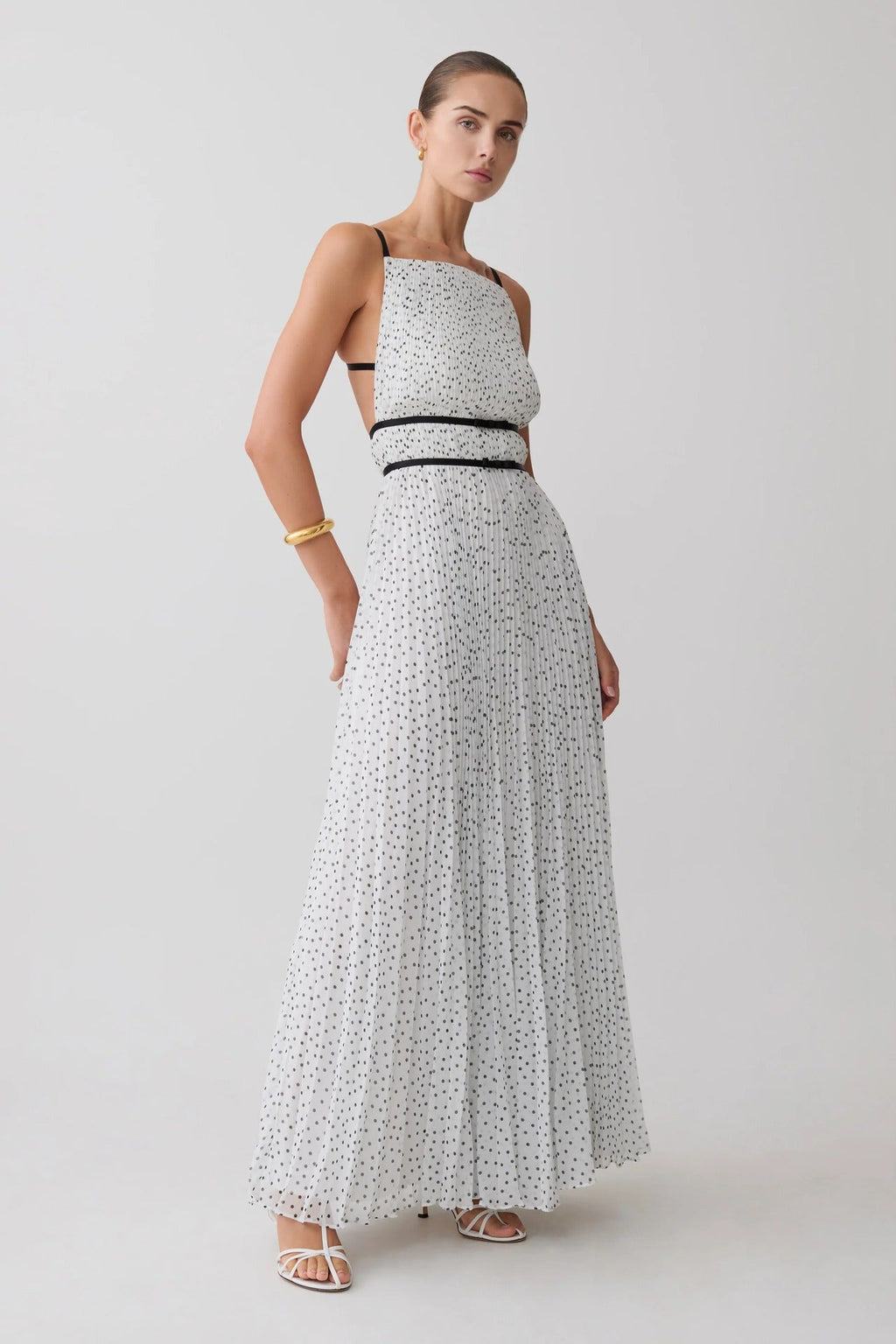 French polka dot pleated skirt waist sexy backless holiday style suspender dress