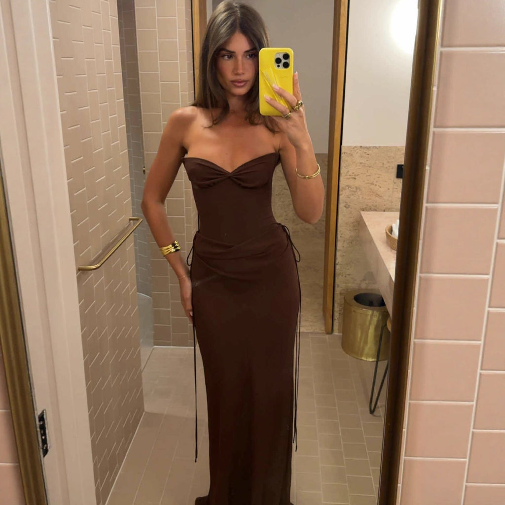 Sexy stitching satin tube top long dress waist halter lace-up dress evening dress