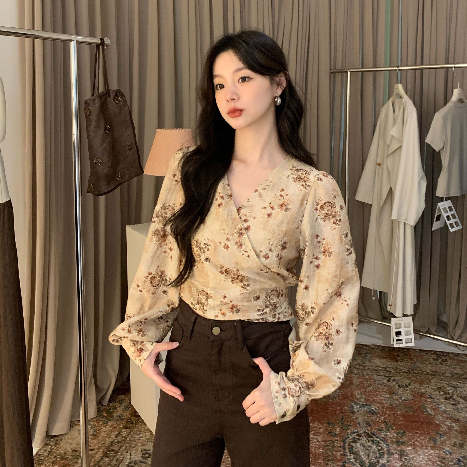 Temperament Tencel v-neck strap long-sleeved shirt