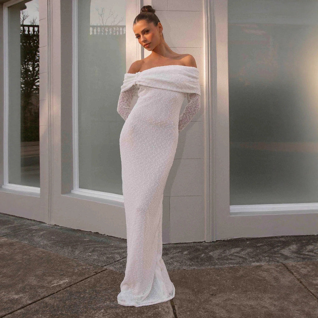 French hollowed-out knitted hip skirt slim-fitting sexy vacation style one-word shoulder dress