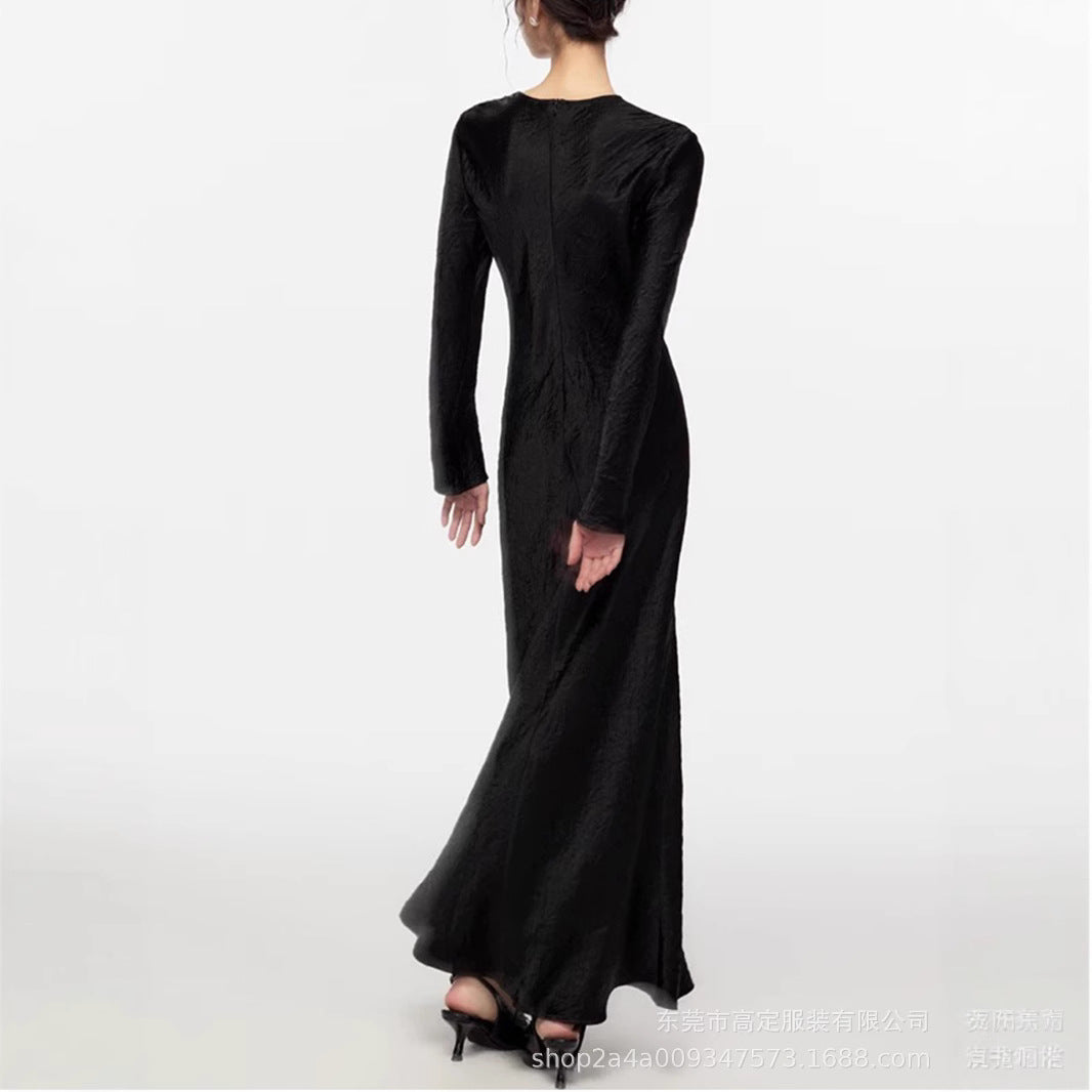 Women's French Elegance Satin Pleated Long Sleeve Dress | Acetate Fishtail Midi Dress