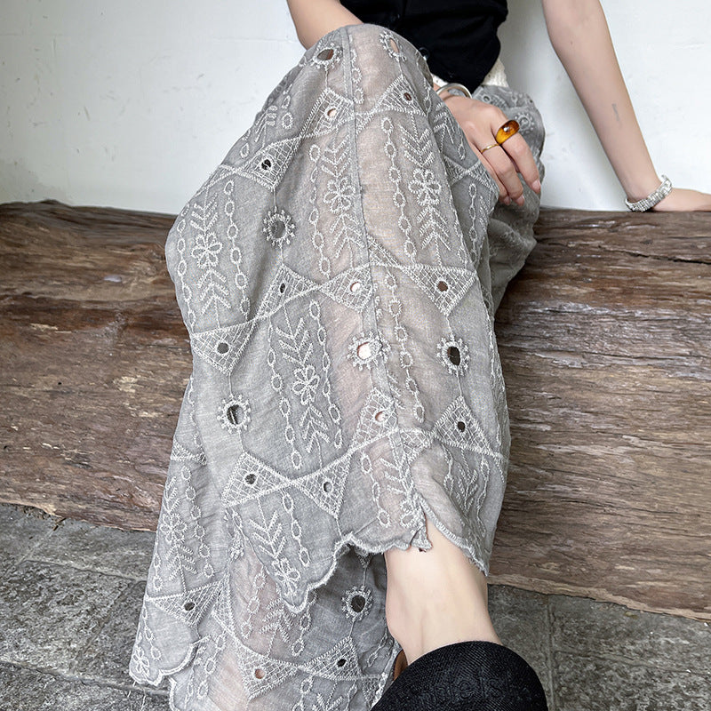 Thin heavy industry embroidered hook-cut hollow lace nine-point straight-leg pants
