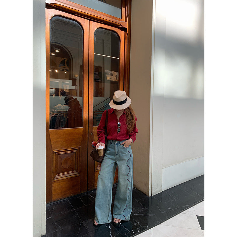 Vintage drape slim loose high waist straight wide-footed jeans
