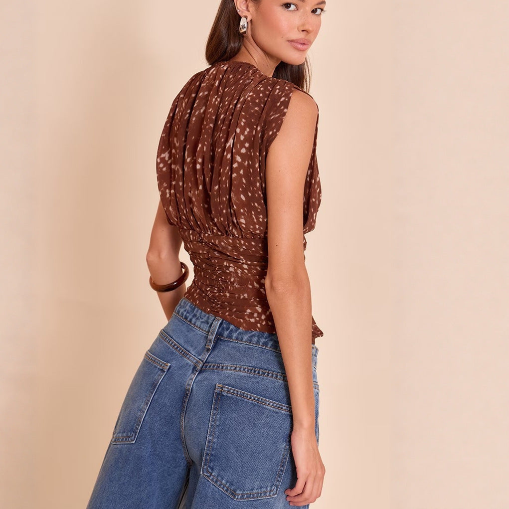 Fashion polka dot solid color V-neck waist sexy pleated short-sleeved T-shirt