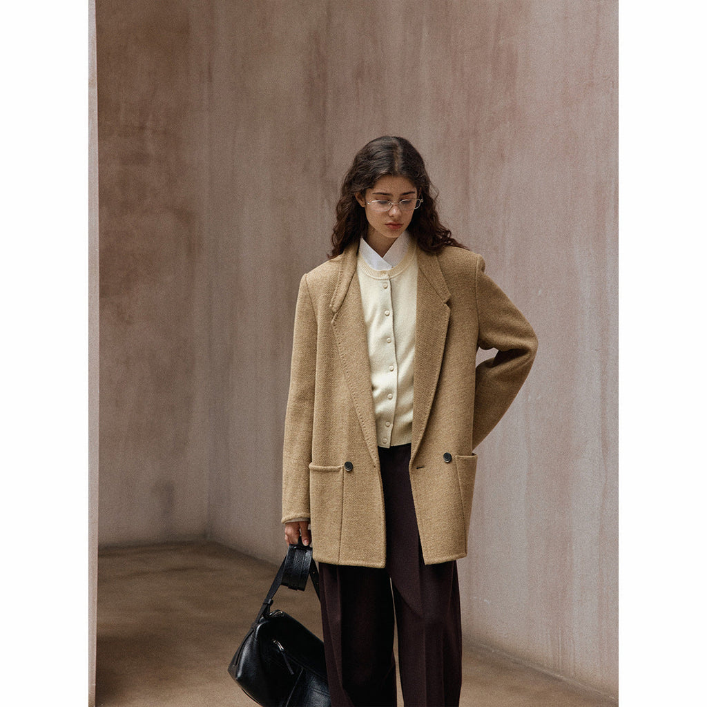 Full wool crisp and stylish simple commuter rough flower wide shoulder suit double-sided tweed jacket