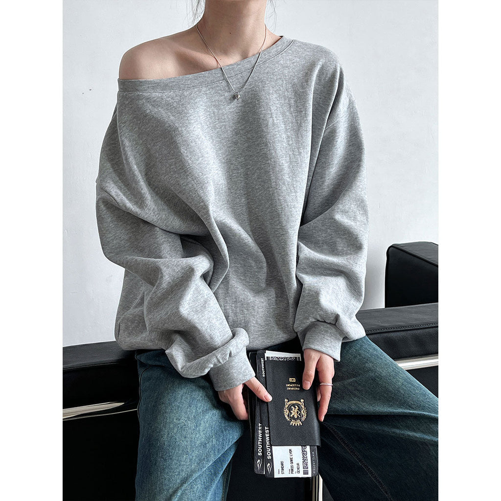 Slack slanted shoulder sweater women's autumn new loose lazy style one-word collar off-the-shoulder top