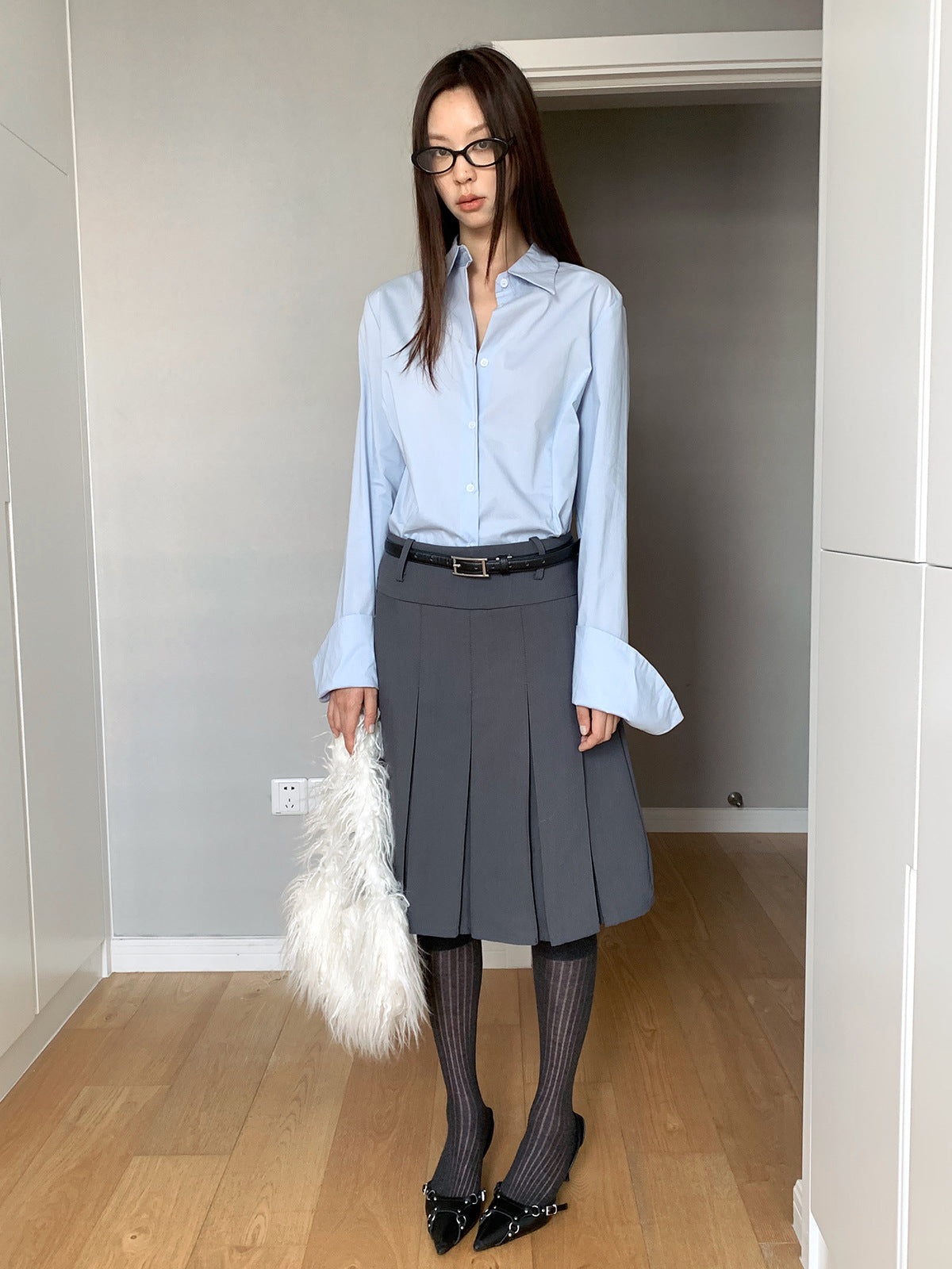 Polo Collar Long Sleeve Shirt Women Single-Breasted Button-Up Waist Fit