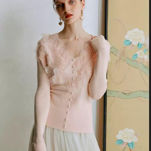 Pink feather cotton-blend knitted sweater bottoming shirt women's long-sleeved top