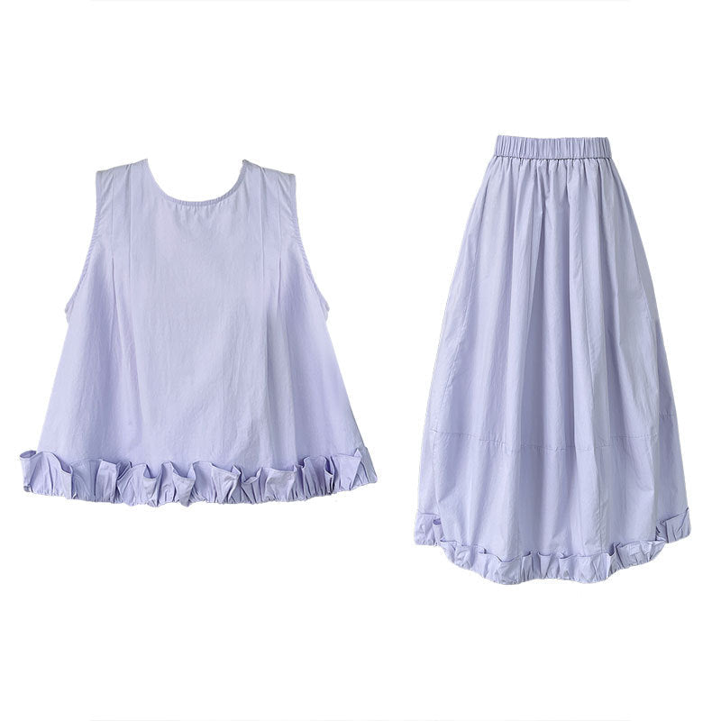 Small fresh design pleated ruffle edge vest + skirt women's summer new temperament set