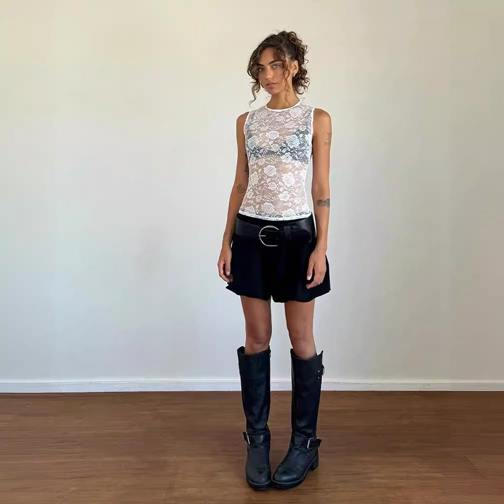 Skinny High Elastic Size Rose Perspective Lace Top Crew Neck Sexy Vest Breathable Blouse Pure Desire