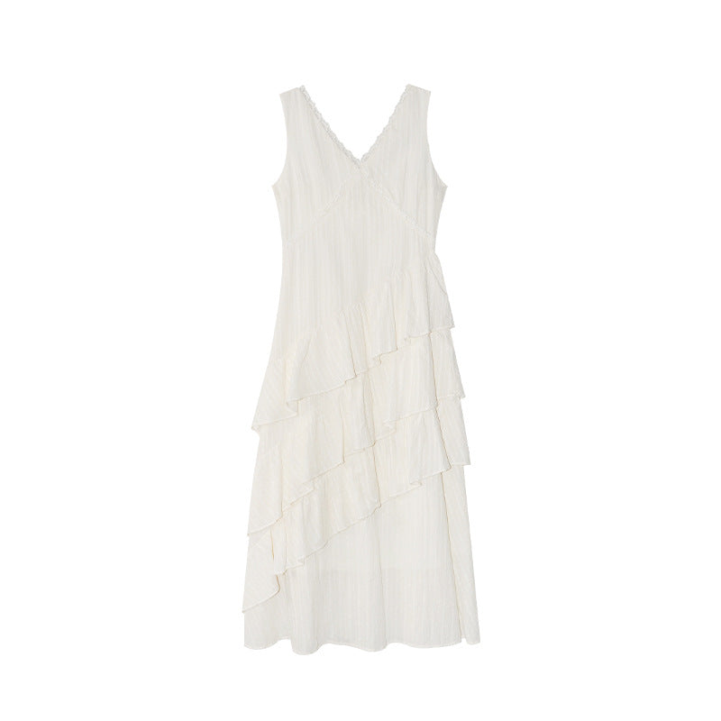 Gentle temperament slim V-neck ruffle edge dress