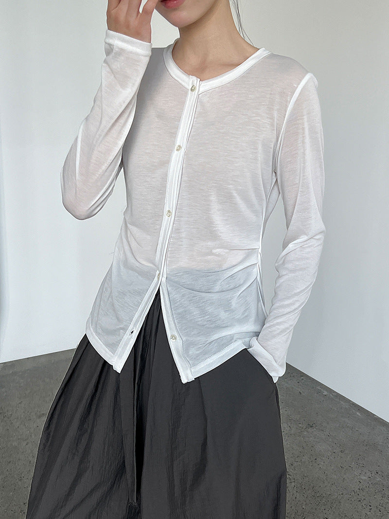 Pleated waist light long sleeve T-shirt women's summer new simple crew neck sunscreen cardigan top