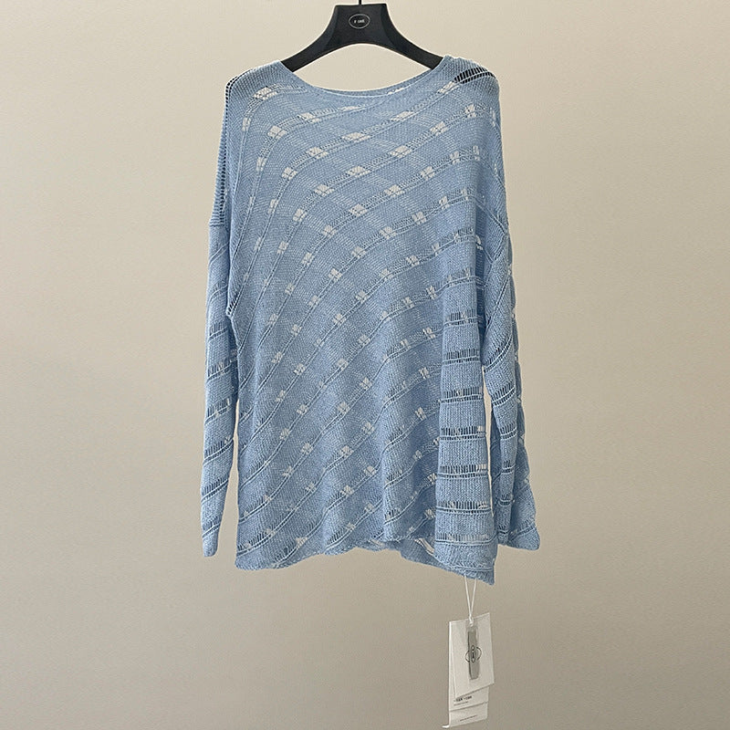 Cold hollow loose knitted sweater spring Korean lazy style long-sleeved sunscreen blouse