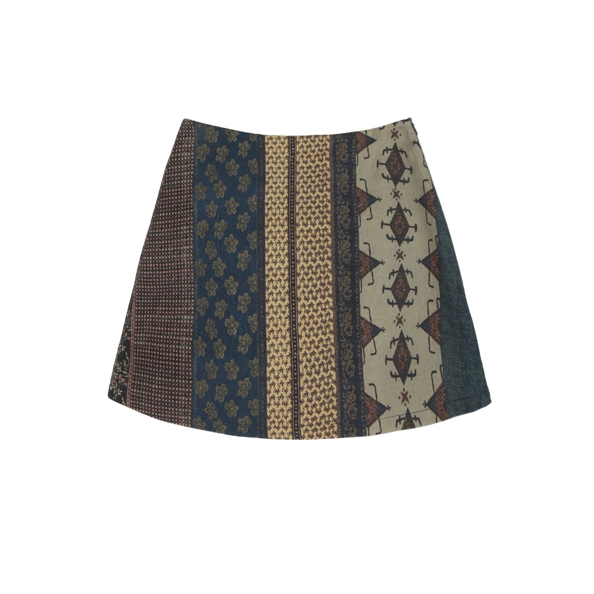 Twill splicing printed denim skirt ethnic style contrasting color high waist A-shaped skirt
