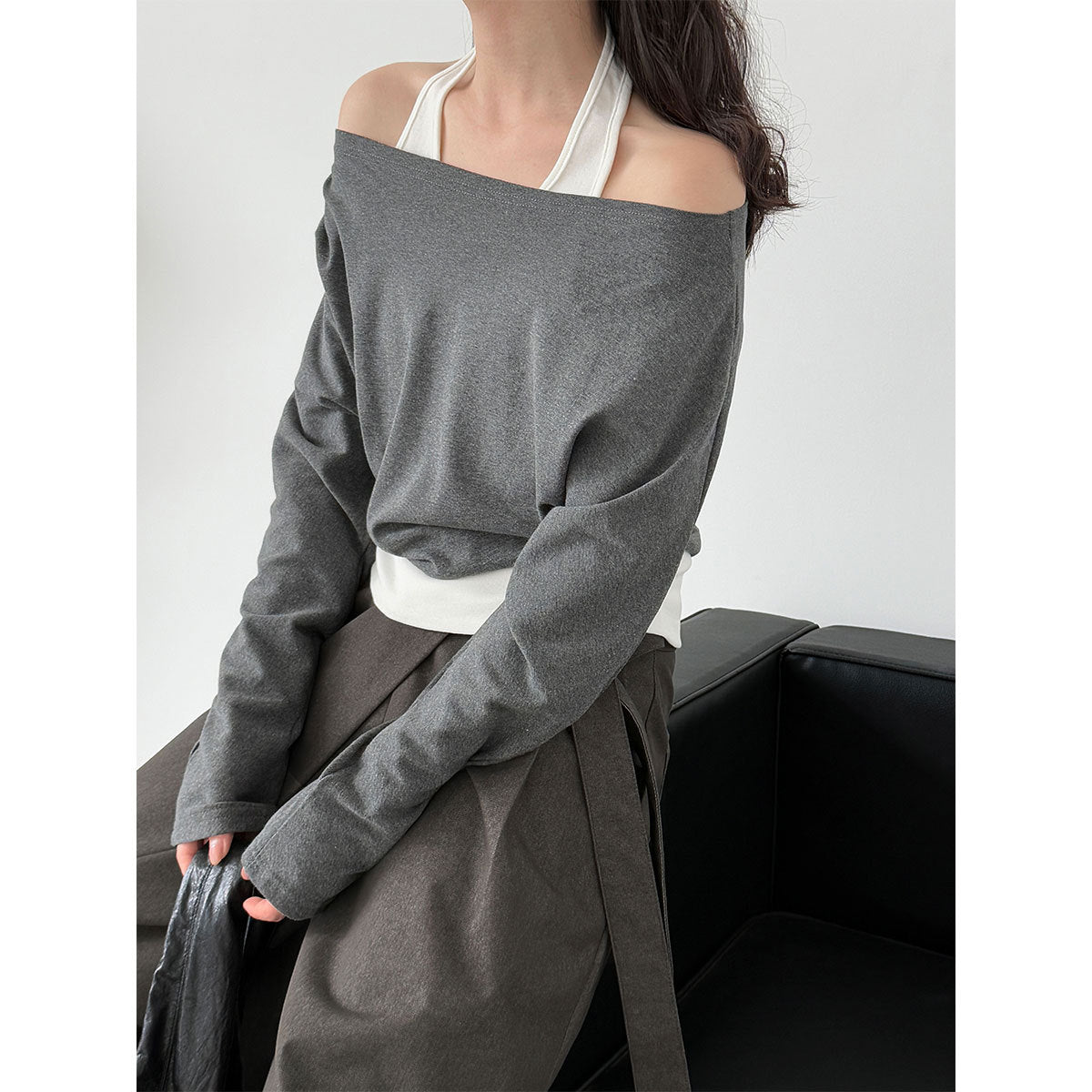Korean style patchwork mock two-piece halter neck long sleeve t-shirt - women's autumn new design, elegant off-shoulder top