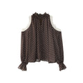 Lace polka dot flared sleeve neck off-the-shoulder shirt