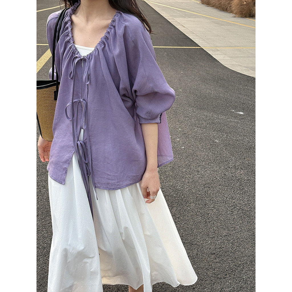 Korean drawstring shirt top women's spring new V-neck sunscreen shirt lace-up cardigan