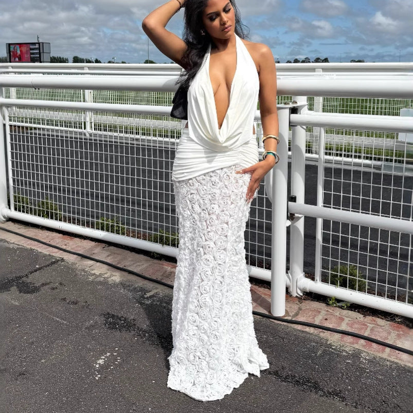 Fashion hottie sexy long dress three-dimensional flower backless pleated dress