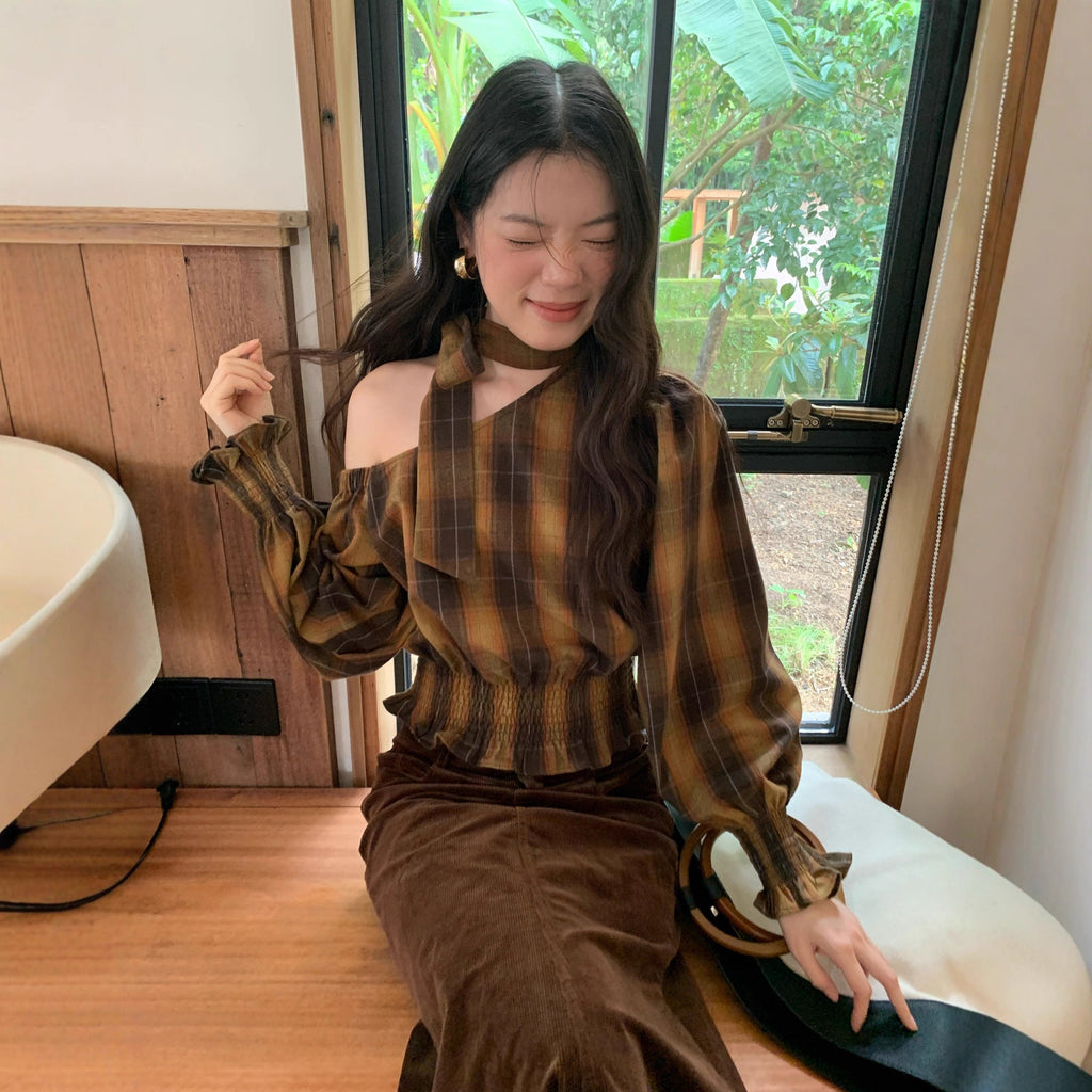 Women's Plaid Print Diagonal Collar Asymmetric Sleeve Waist-Defining Shirt