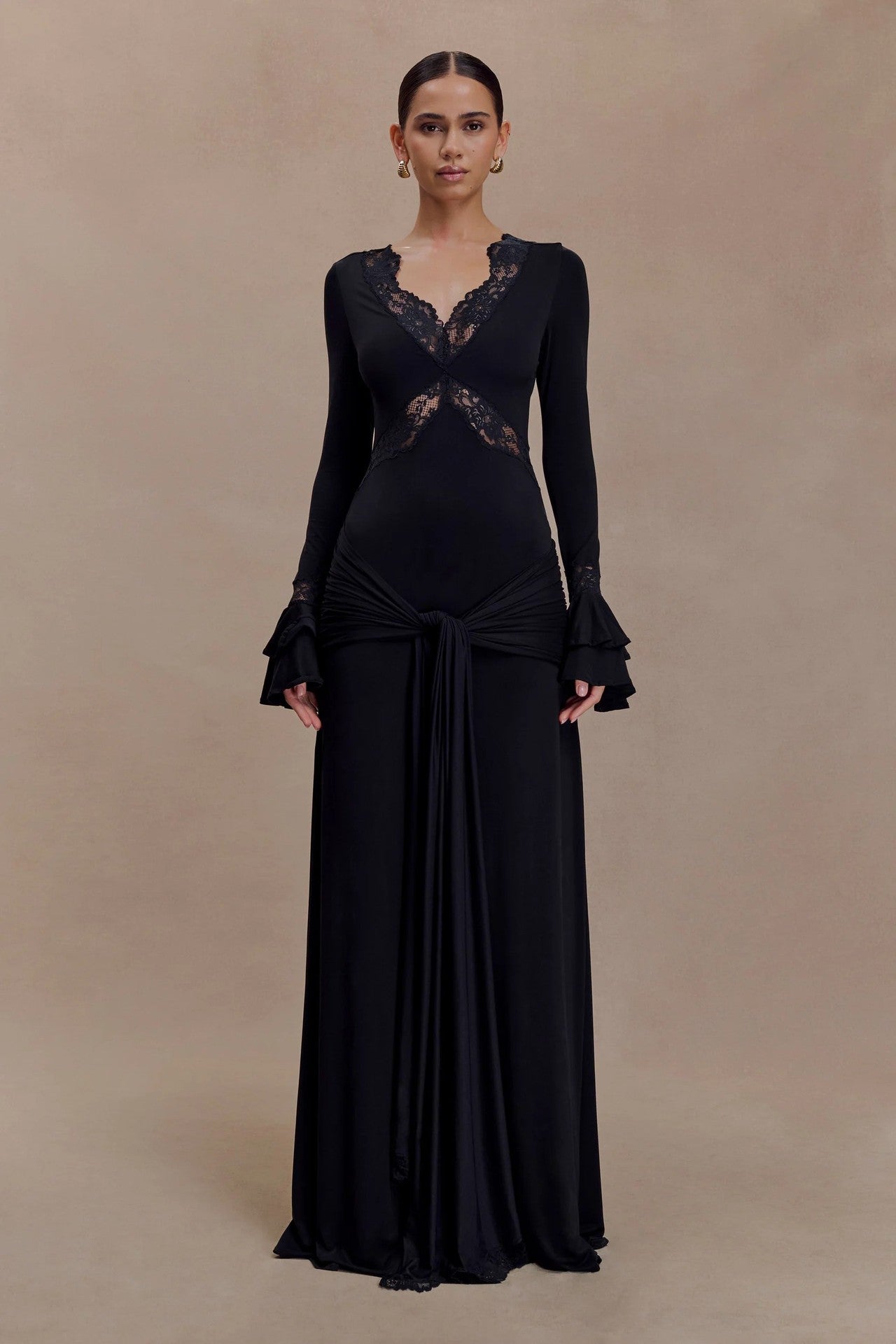New Fashion Lace Sexy Spice Girl Long Dress Flared Sleeve Slim Splicing Dress Women