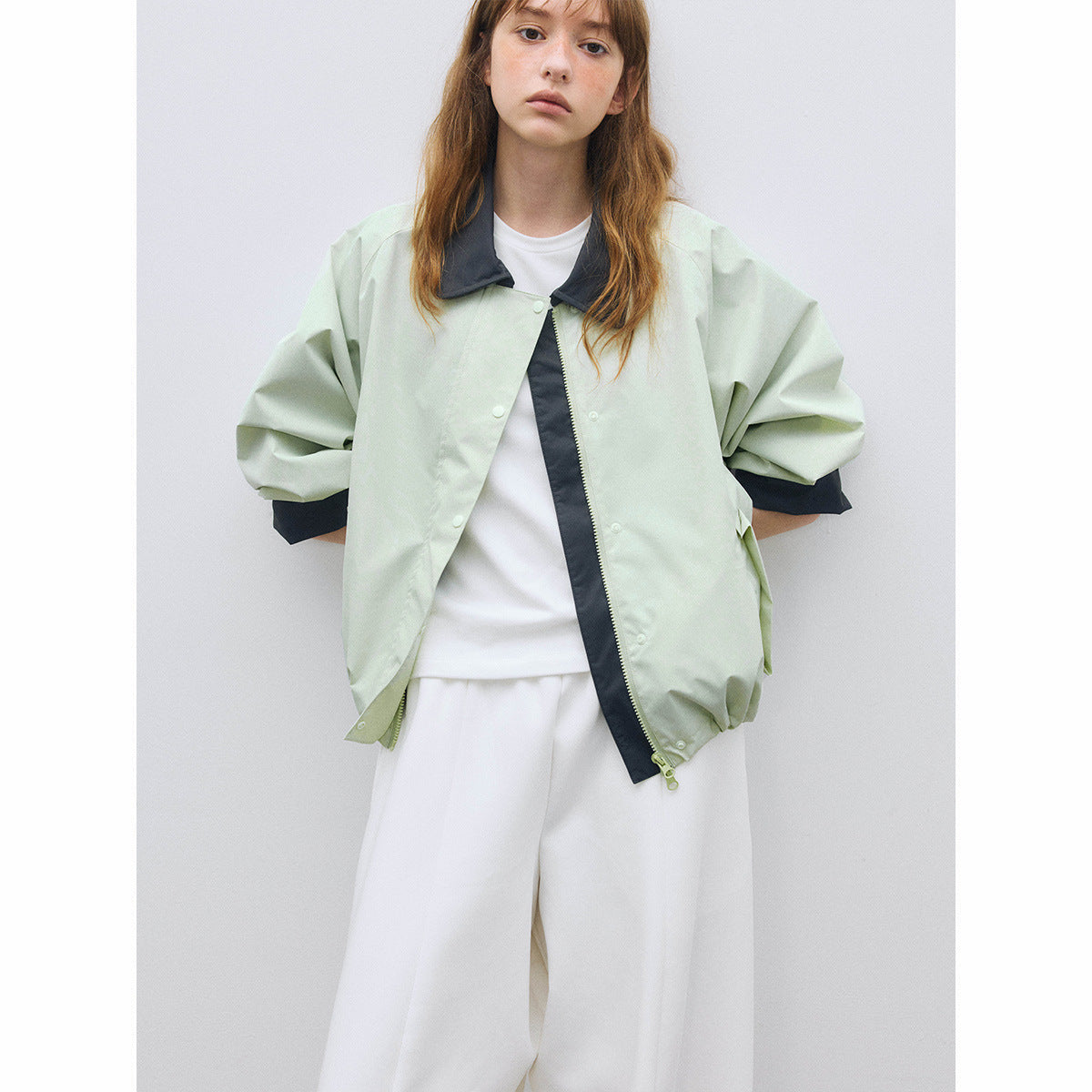 Autumn new casual lapel three-proof contrasting color double-head zipper versatile short jacket