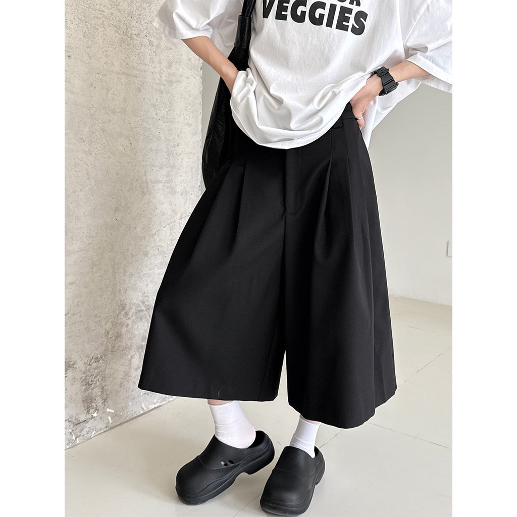 Japanese casual suit eight-point shorts summer commute pleated loose wide-leg straight-leg pants