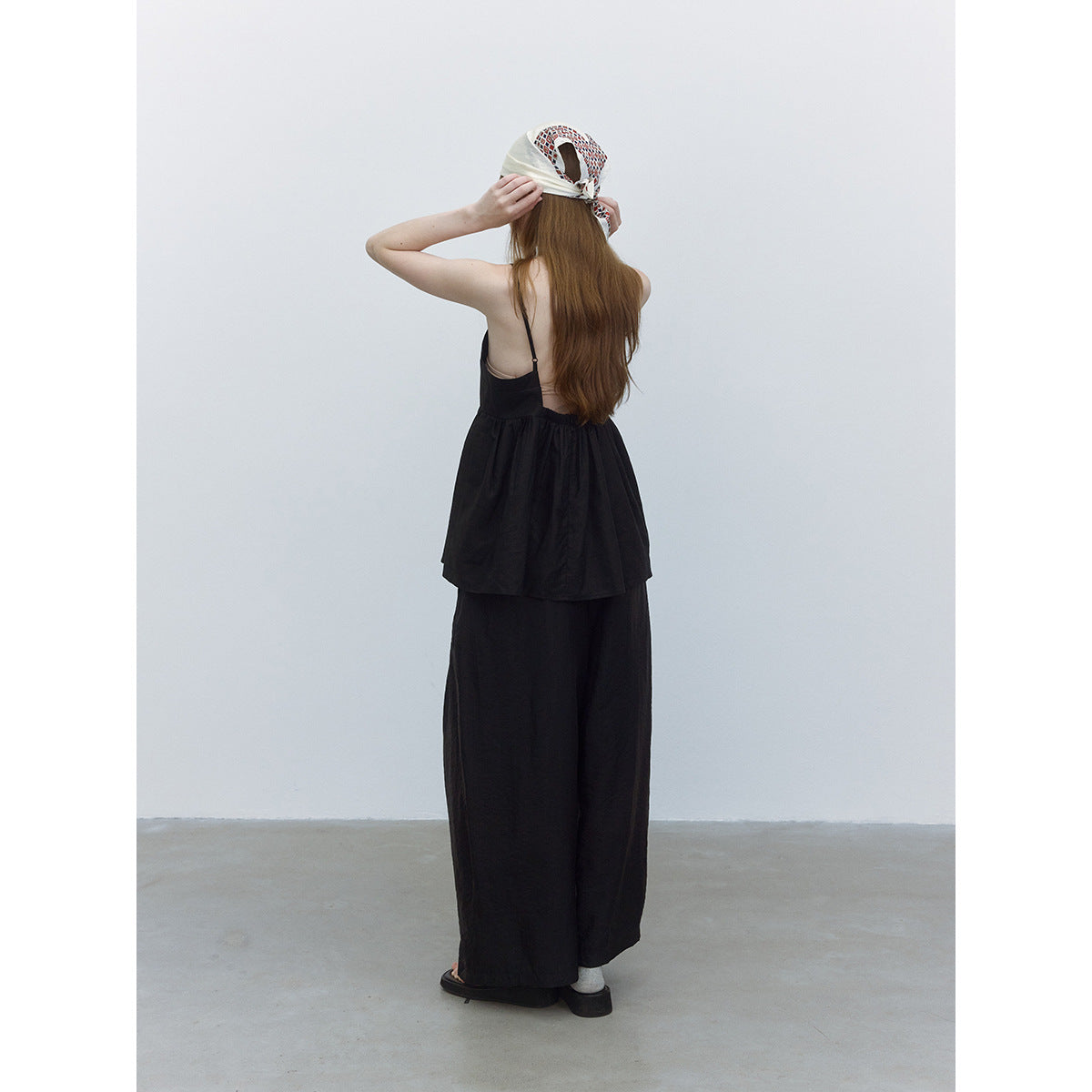 Summer casual double-root split ramie hollow solid color simple suspender top