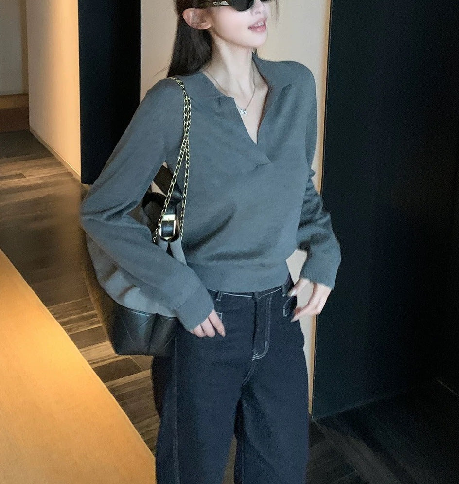 Polo Collar Knitted Sweater Women Loose Fit Long Sleeve Casual Top