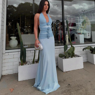 Women's new fashion celebrity chiffon long dress three-dimensional flower splicing suspender dress