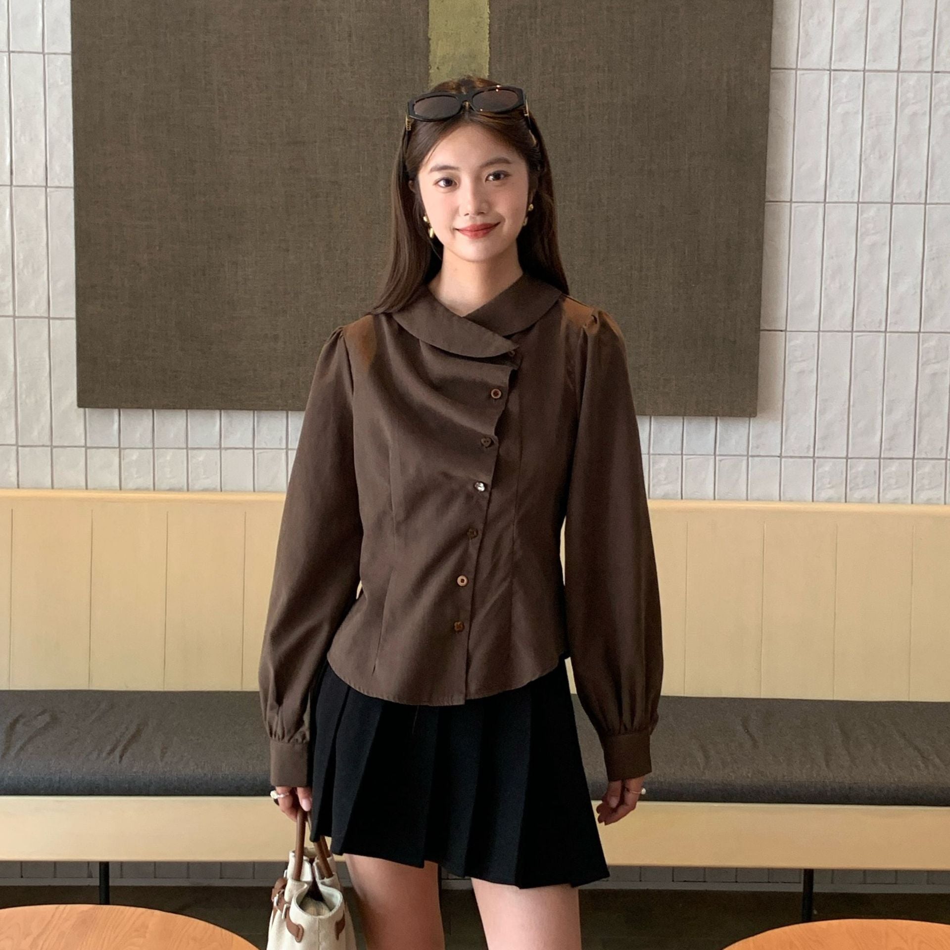 Irregular design waist lapel long-sleeved shirt