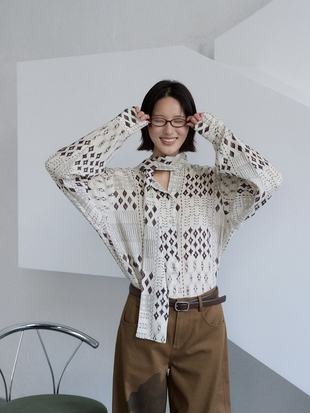 Bohemian Tencel Ramie Ribbon Shirt Geometric Pattern Long Sleeve Top