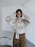Bohemian Tencel Ramie Ribbon Shirt Geometric Pattern Long Sleeve Top