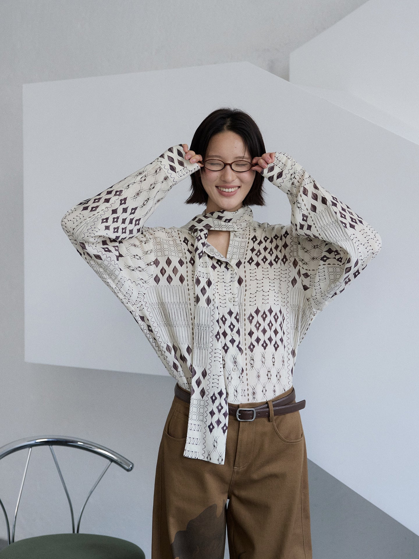 Bohemian Tencel Ramie Ribbon Shirt Geometric Pattern Long Sleeve Top