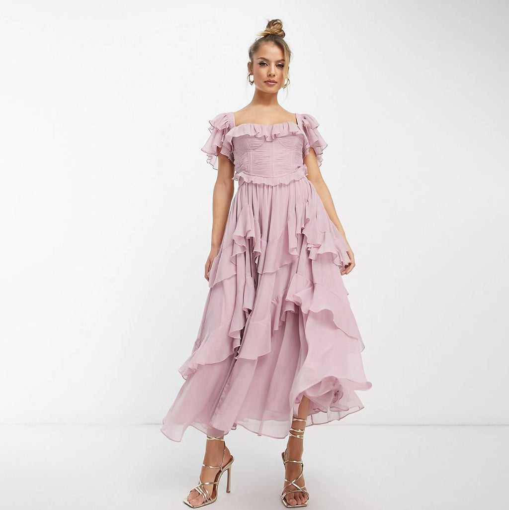 Holiday lace halter hollow cake skirt ruffle pleated long skirt