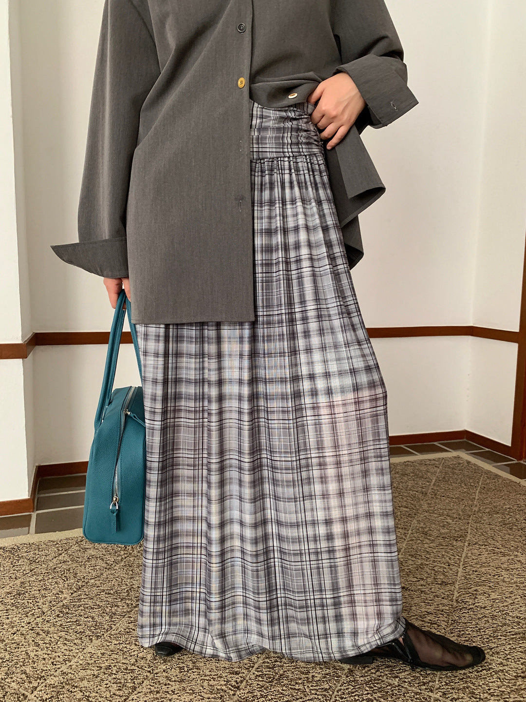 High waist a word tall mesh cool plaid half skirt elegant knitted skirt
