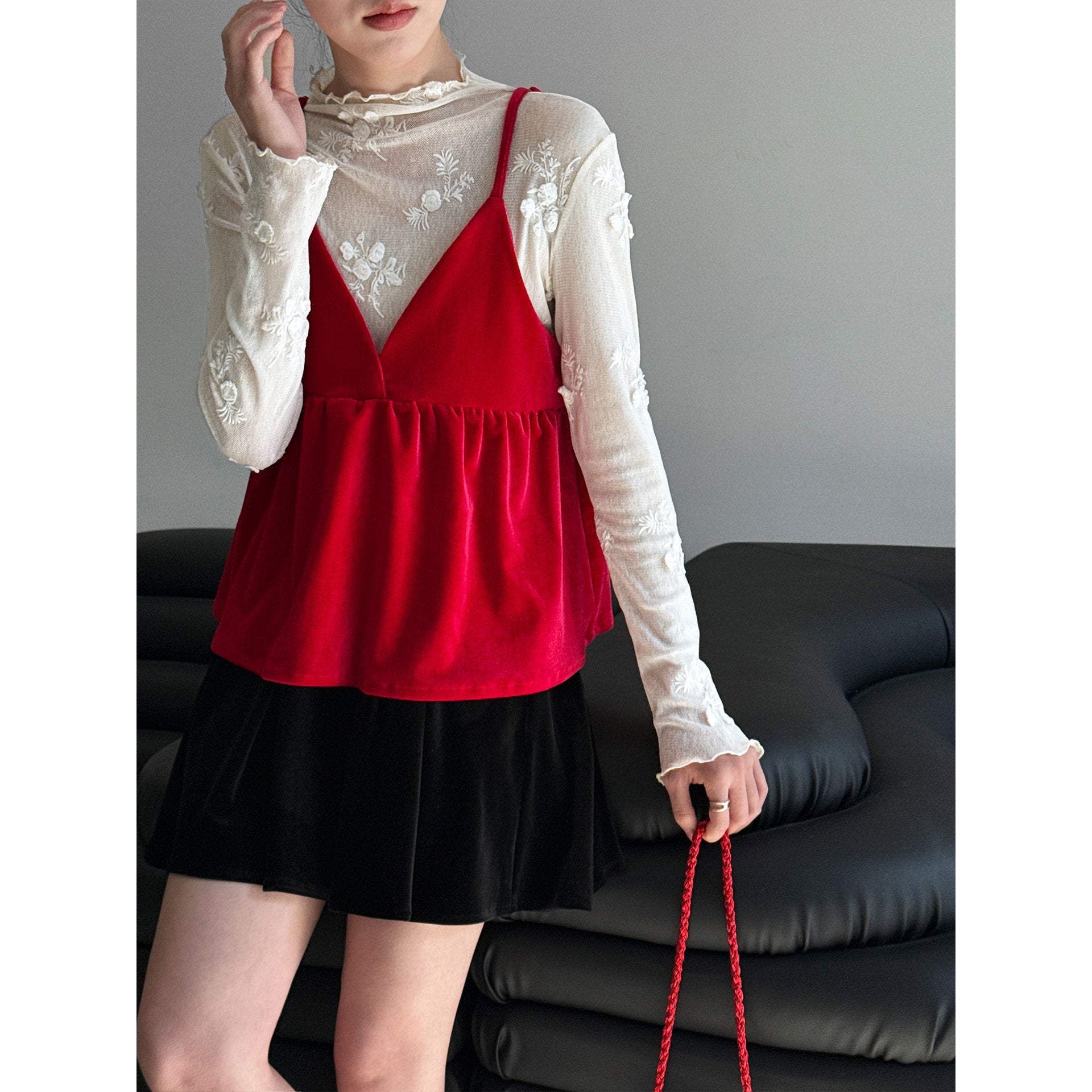 Korean temperament stacked high-end velvet sling vest spring v-neck meat-covering top