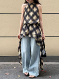 Korean design sense niche neck plaid dress women's summer new irregular thin dress