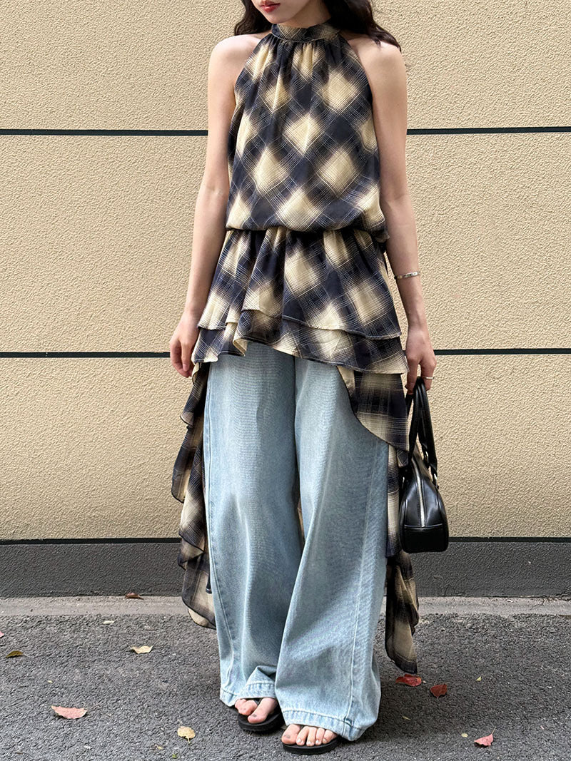 Korean design sense niche neck plaid dress women's summer new irregular thin dress